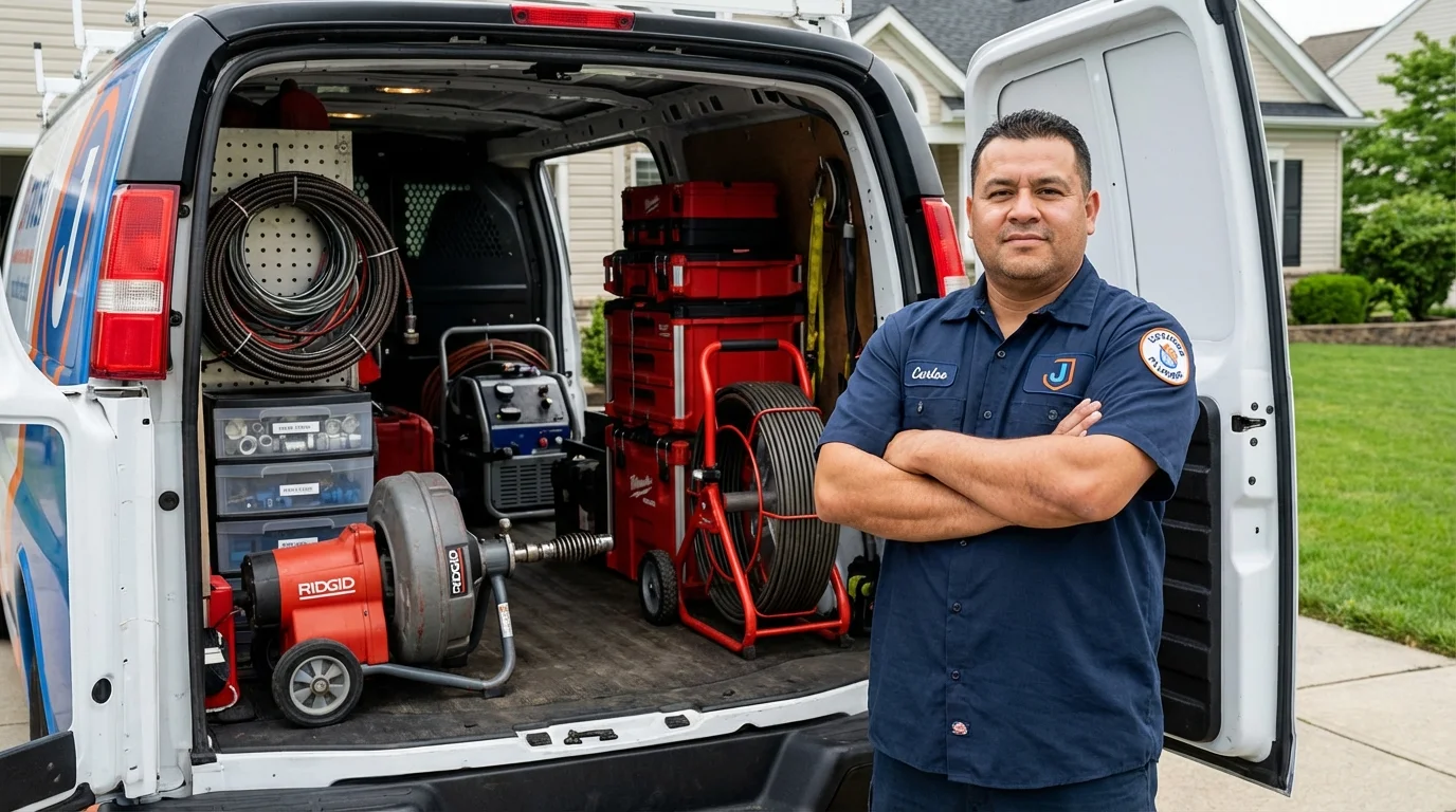 Professional drain cleaning equipment and Johns Plumbing LLC plumber in Wiscasset
