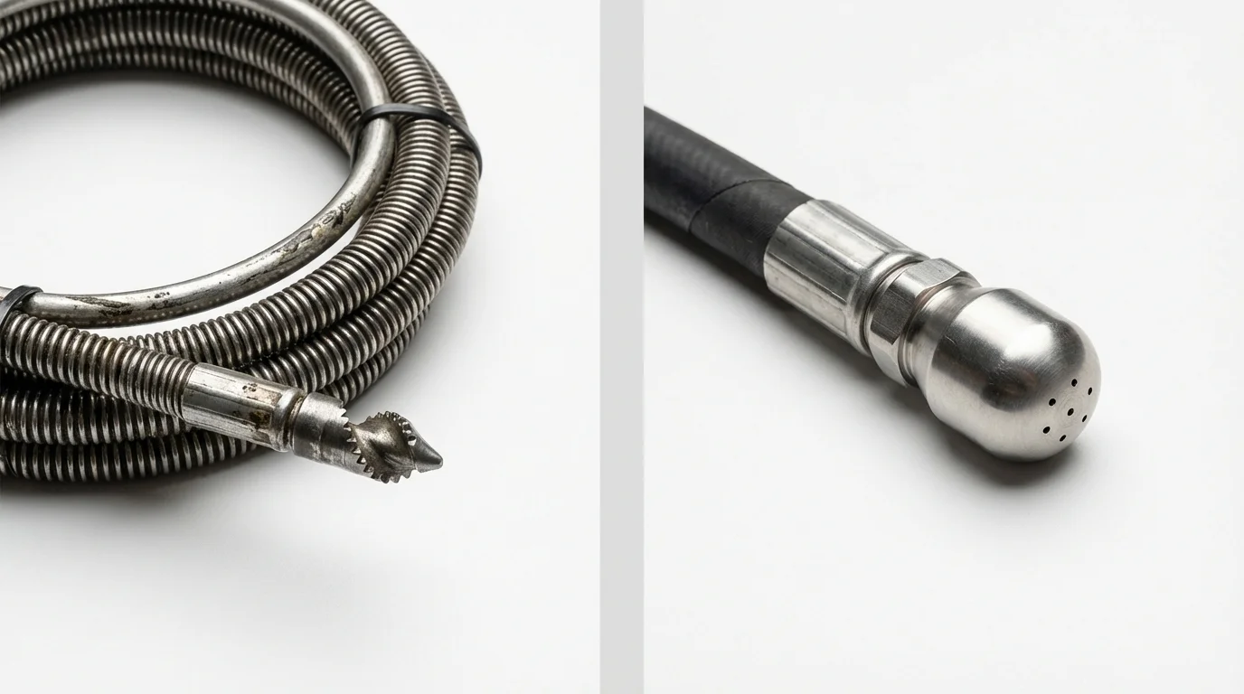 Drain snake cable and hydro jetting nozzle used for drain cleaning in Wiscasset, ME