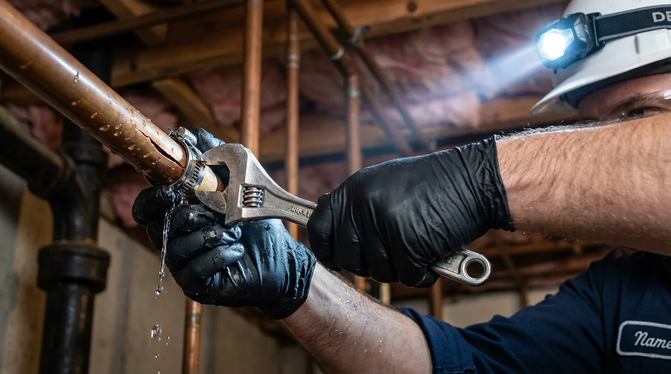 Emergency pipe clamp repair being performed by a Johns Plumbing LLC plumber in Wiscasset