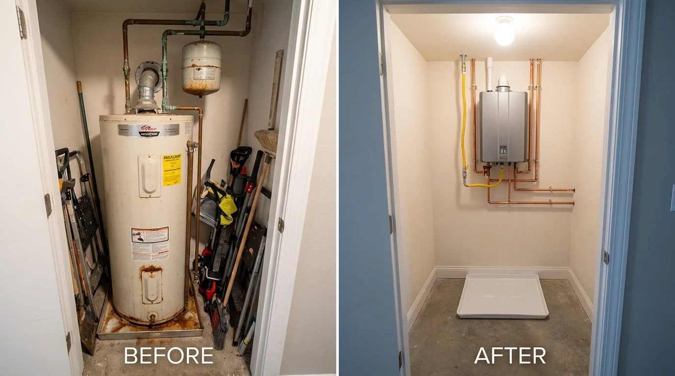 Tank water heater versus wall-mounted tankless unit comparison for Wiscasset, ME homeowners