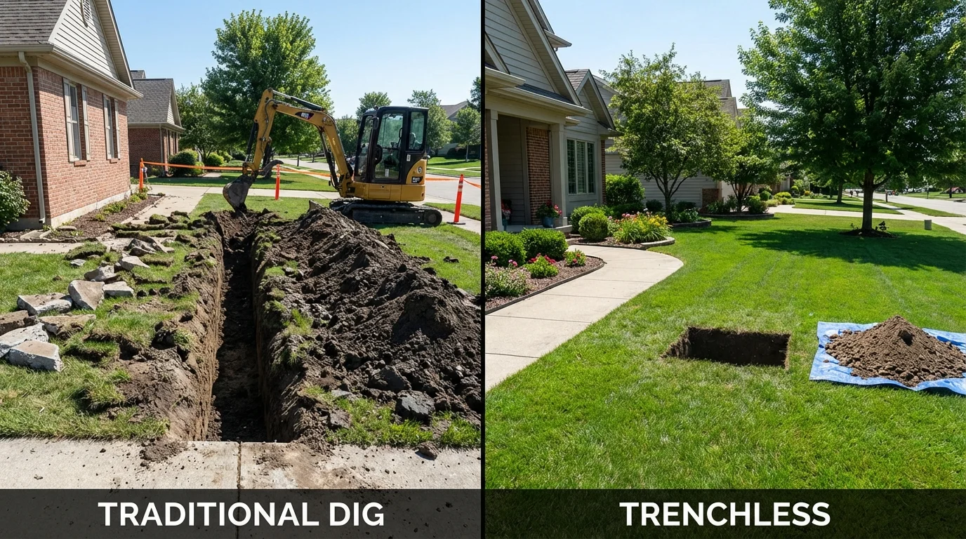Trenchless sewer repair with minimal yard damage versus traditional excavation in Wiscasset, ME