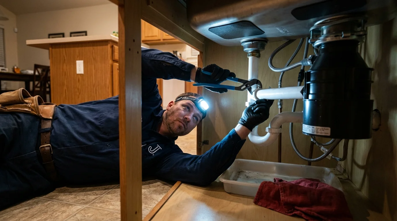 P-trap and supply line connections under a kitchen sink showing a common leak point in Wiscasset, ME